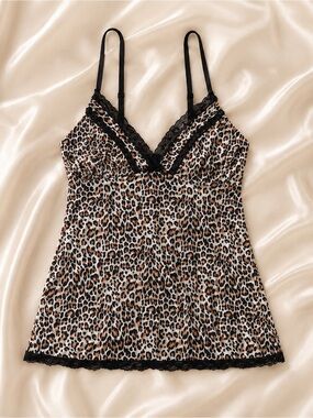 Leopard Print Lace Trim Chemise - Black Accent